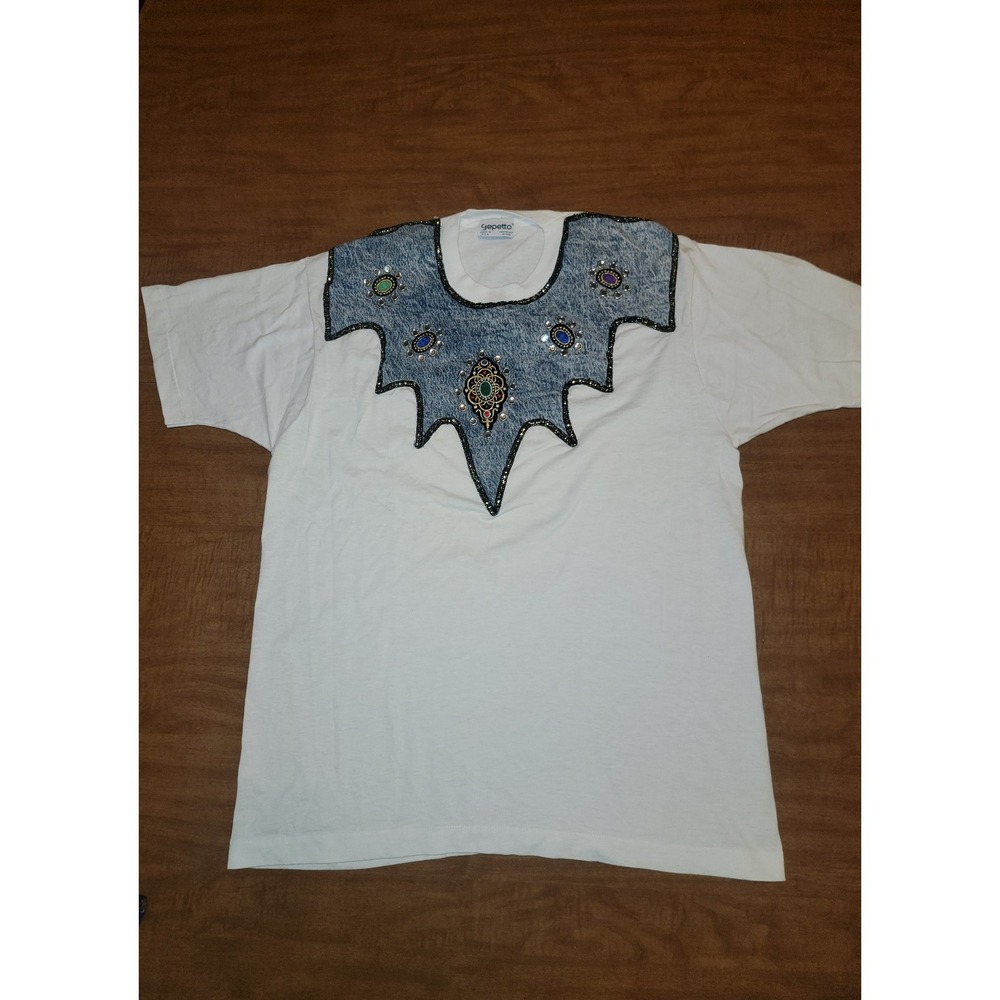 Vintage 90s Bedazzled Graphic Shirt Western Rhinestones Denim Women L XL B10